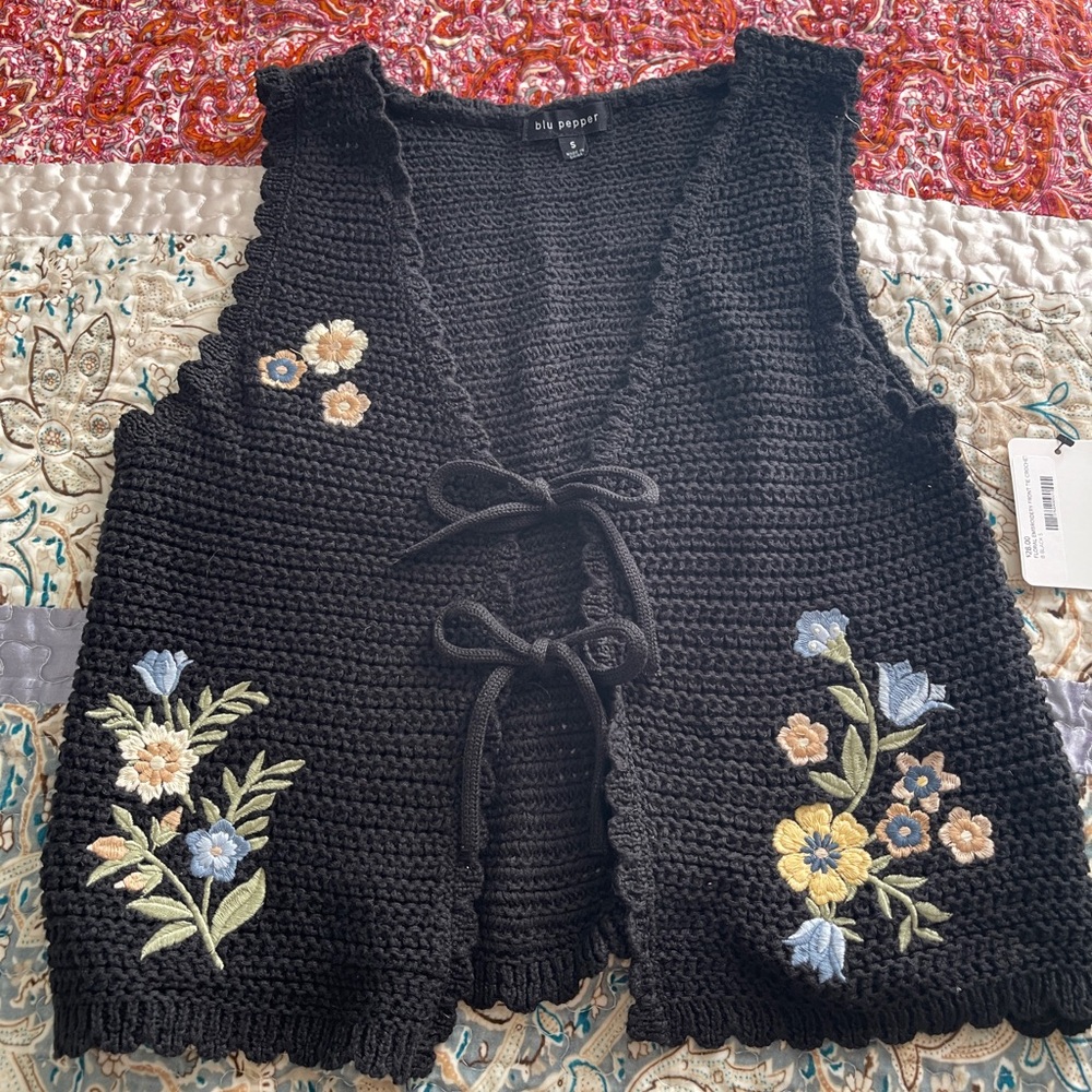 Blu Pepper Black Crochet Vest with Floral Embroidery. Soft, Lovely